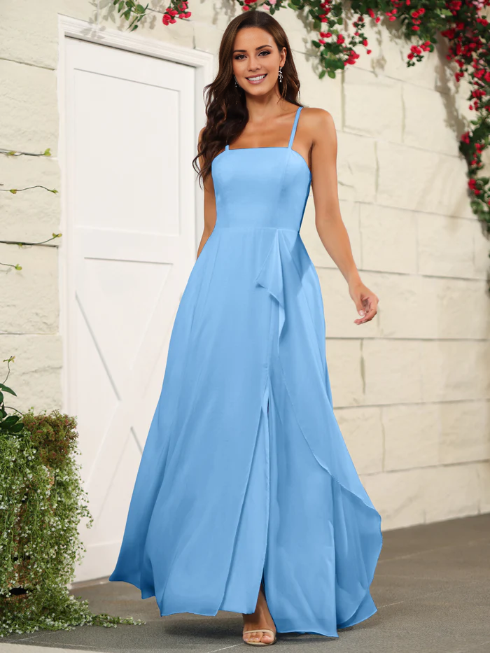 Beautiful chiffon thin shoulder strap and floor length bridesmaid dress