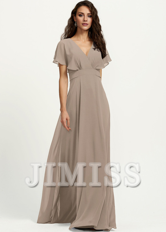 A-line V-neck floor-length chiffon bridesmaid dress
