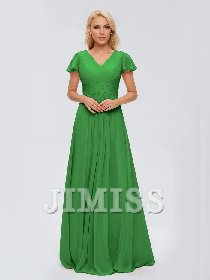 A-line V-neck chiffon side slit and floor length bridesmaid dress