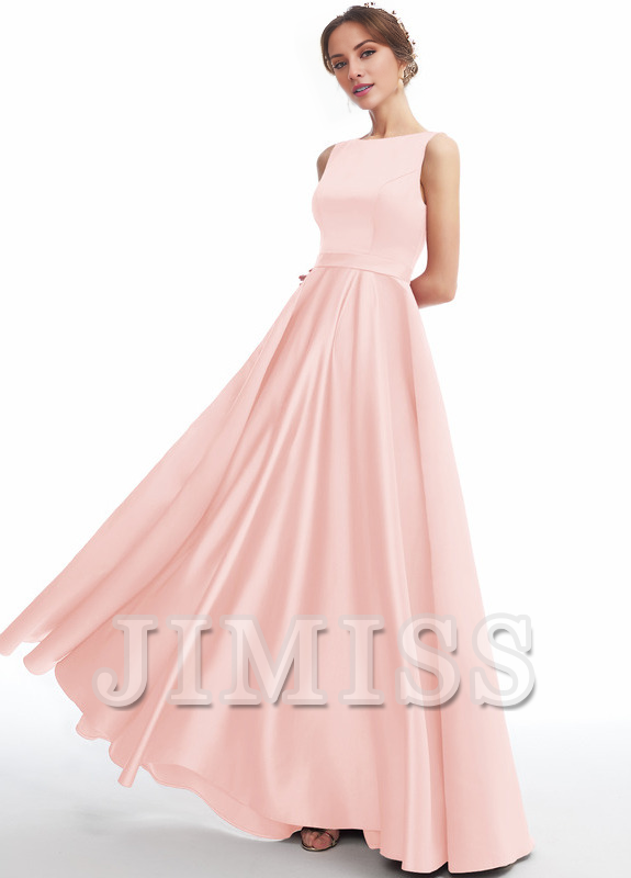 A-line Scoop Neck Floor Length Satin Bridesmaids Dress