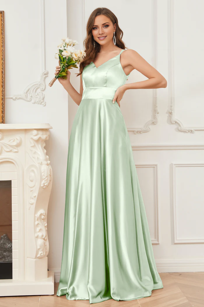 Thin shoulder strap V-neck soft satin and floor length bridesmaid dress