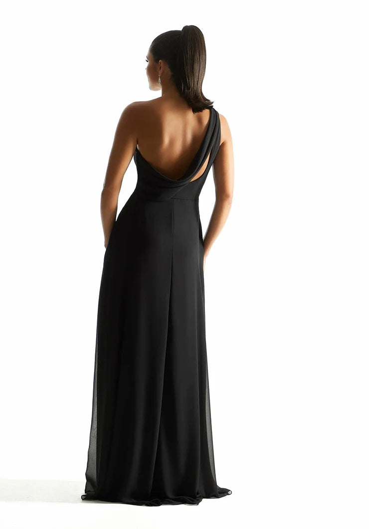 A-line single shoulder collar chiffon pleated scarf backless bridesmaid dress