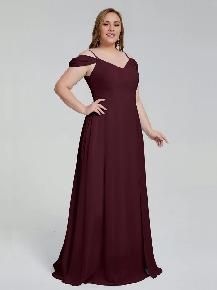Thin shoulder strap plus size and floor length bridesmaid dress