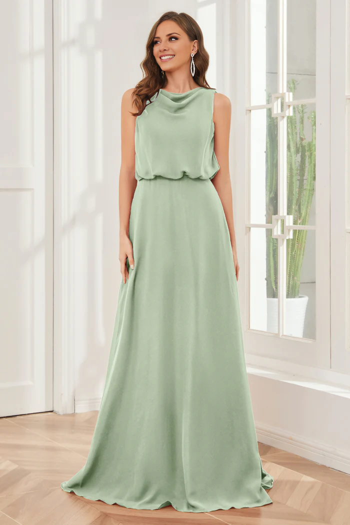 Pillar style wind neck sleeveless chiffon and floor length bridesmaid dress