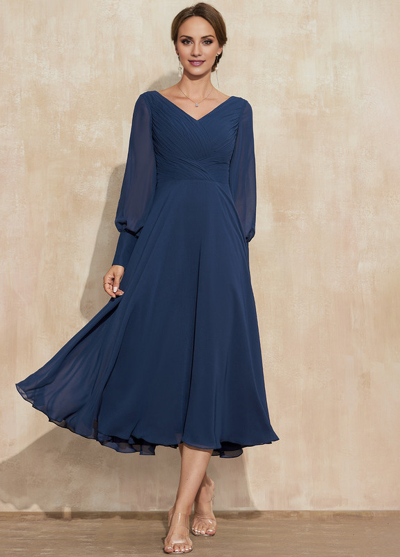 A-line V-neck tea-length chiffon pleated bridesmaid dress