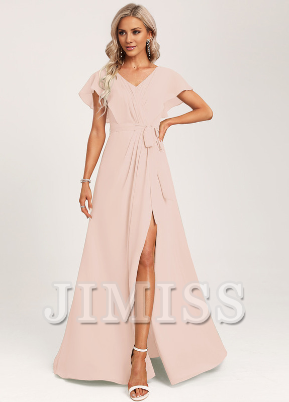Ruffled A-line V-neck Floor-length Chiffon Bridesmaids Dress