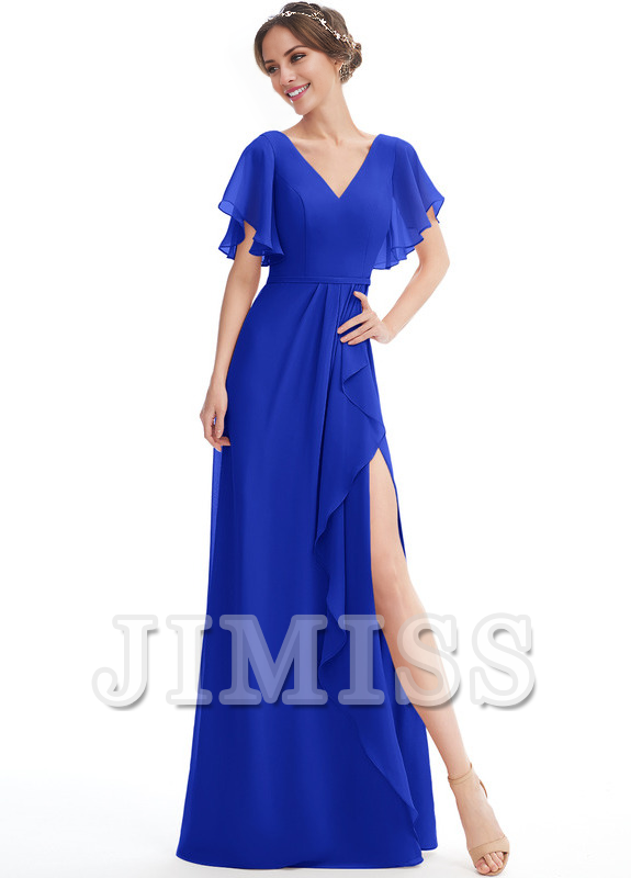 Ruffled A-line V-neck Floor-length Chiffon Bridesmaids Dress