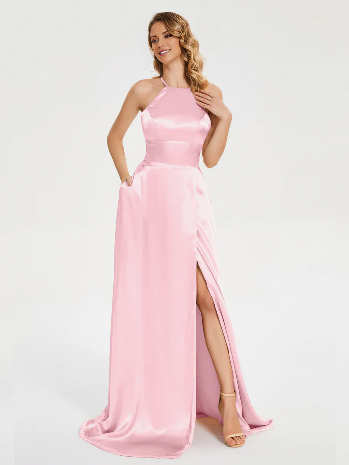 Thin shoulder strap soft satin and floor length bridesmaid dress