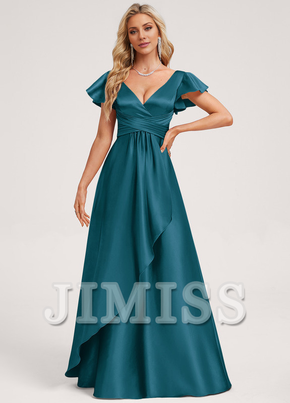 Ruffled A-line V-neck Floor-length Satin Bridesmaids Dress