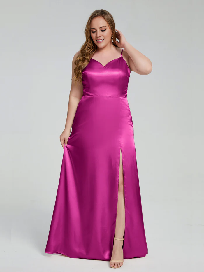 Split plus size soft satin and floor length bridesmaid dress