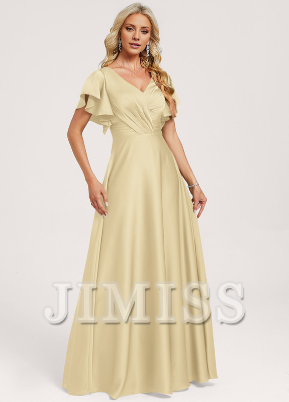 Ruffled A-line V-neck Floor-length Satin Bridesmaids Dress