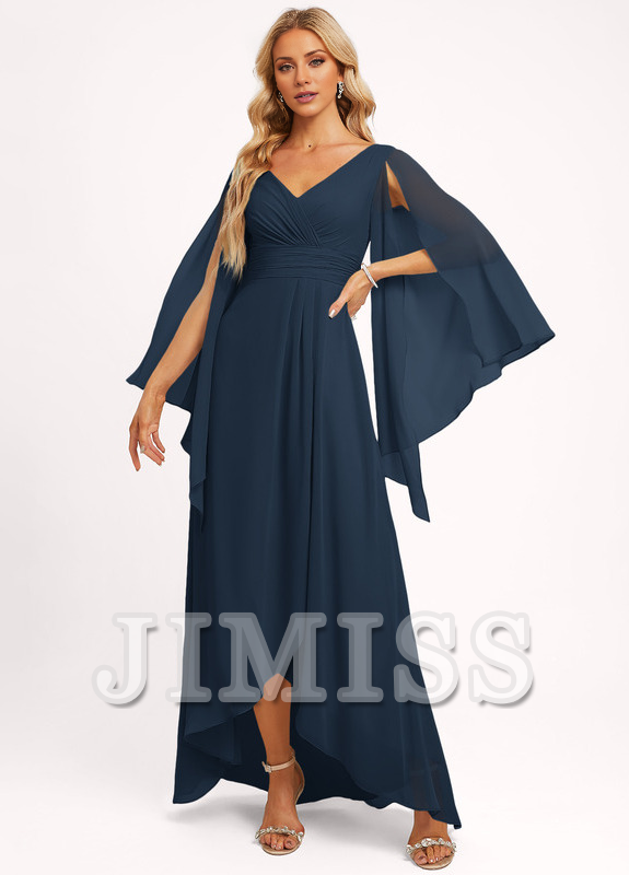 Ruffled A-line V-neck Asymmetric Chiffon Bridesmaids Dress