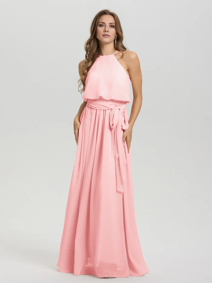 Hanging neck low round neck sleeveless chiffon and floor length Bridesmaid dresses