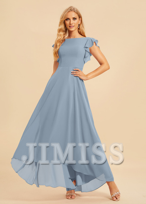 Ruffled A-line Scoop Asymmetric Chiffon Bridesmaids Dress