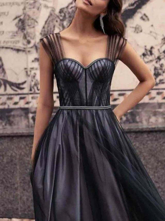 A-Line Empire Elegant Engagement Prom Dress Sweetheart Neckline Sleeveless Floor Length Tulle Stretch Satin with Pleats - RongMoon
