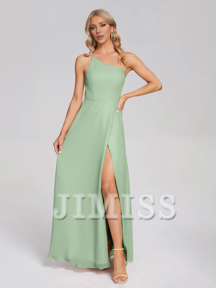 Shoulder side slit chiffon and floor length bridesmaid dress