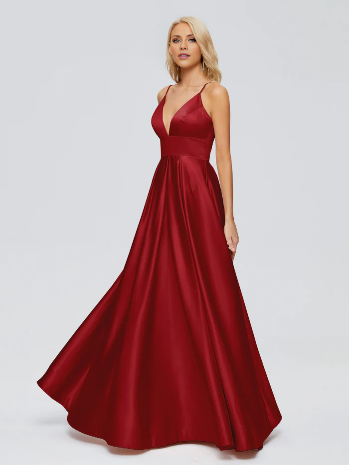 V-neck thin shoulder strap satin and floor length bridesmaid dress