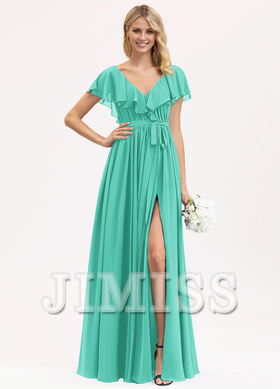 A-line V-neck floor-length chiffon bow tiered ruffle bridesmaid dress