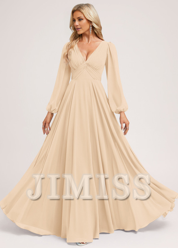 A-line V-neck floor-length chiffon bridesmaid dress