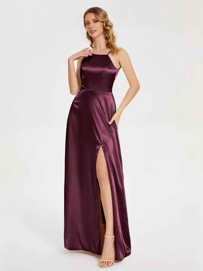 Thin shoulder strap slit backless soft satin and floor length bridesmaid dress