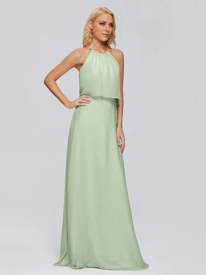 Post neck chiffon and floor length bridesmaid dress