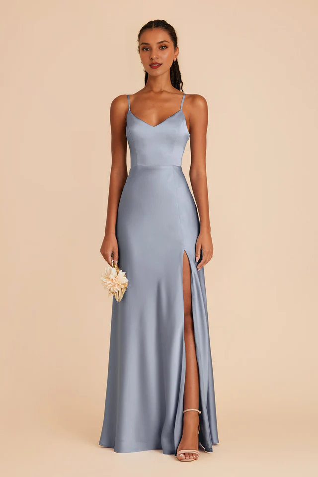 Thin shoulder strap V-neck satin full lining and floor length bridesmaid dress
