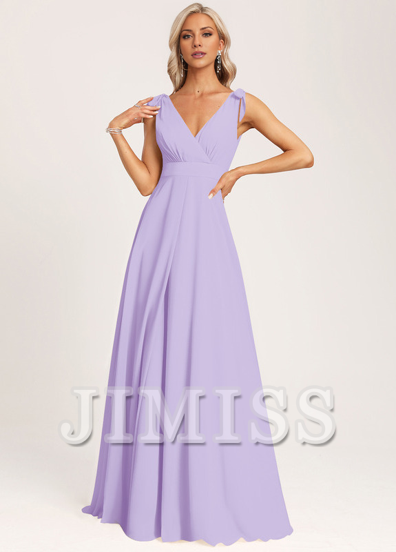 A-link V-neck and ground chiffon bow bridesmaid dress