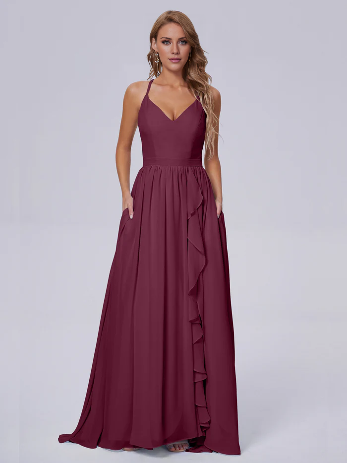 Elegant shoulder strap chiffon and floor length bridesmaid dress