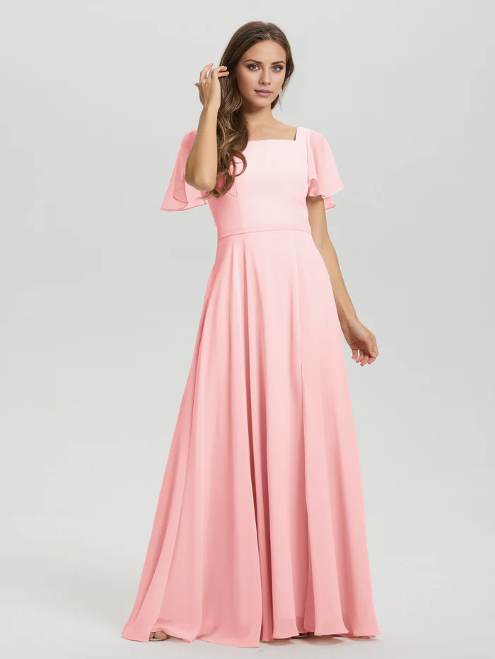 A-line square collar ruffled short sleeved and ground chiffon/ground length bridesmaid dress
