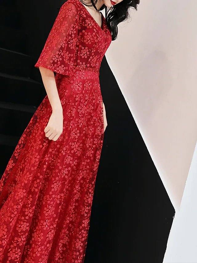 A-Line Floral Engagement Prom Dress V Neck Half Sleeve Ankle Length Lace with Pleats Lace Insert - RongMoon