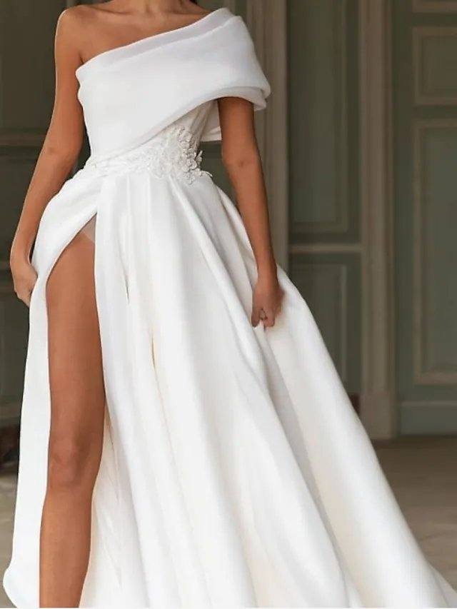 A-Line Wedding Dresses One Shoulder Sweep / Brush Train Chiffon Over Satin Short Sleeve Simple Modern with Split Front - RongMoon