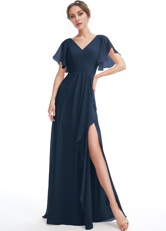 Ruffled A-line V-neck Floor-length Chiffon Bridesmaids Dress
