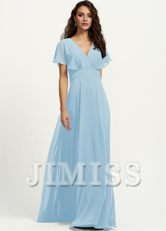 A-line V-neck floor-length chiffon bridesmaid dress