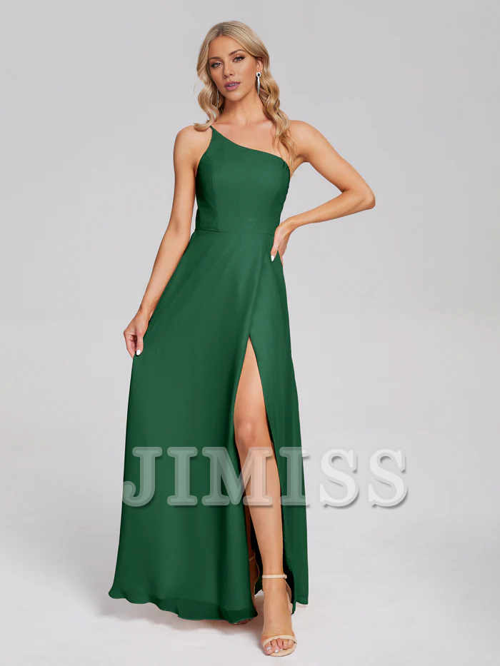 Shoulder side slit chiffon and floor length bridesmaid dress