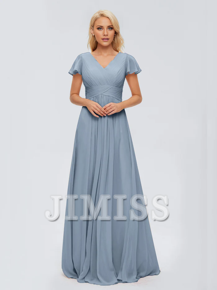 A-line V-neck chiffon side slit and floor length bridesmaid dress