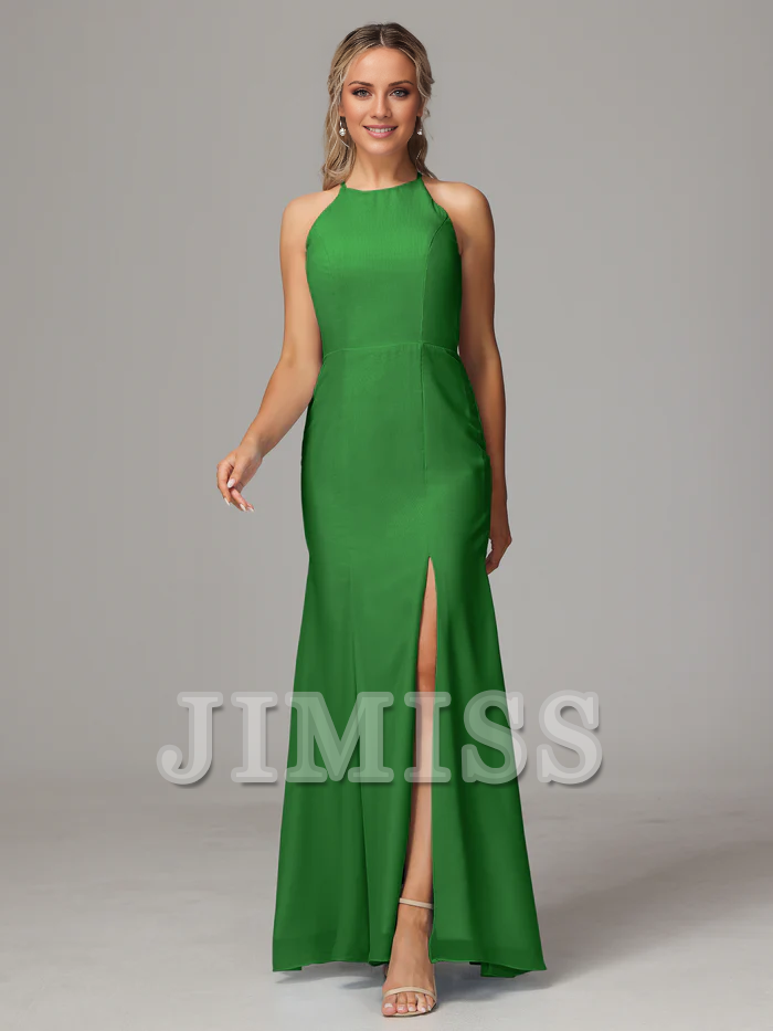 Hanging neck backless chiffon side slit bridesmaid dress