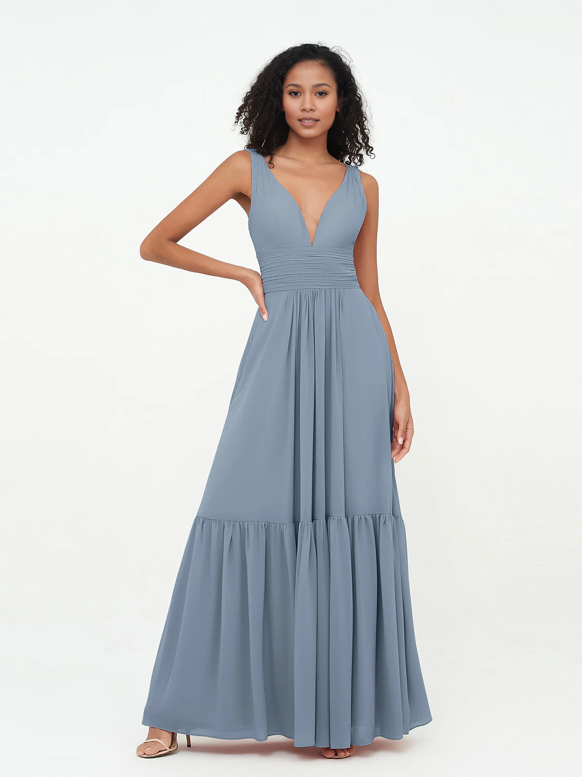 Deep V-neck chiffon layered skirt Bohemian style dress