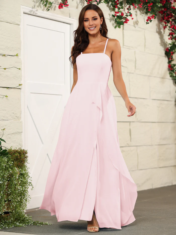 Beautiful chiffon thin shoulder strap and floor length bridesmaid dress