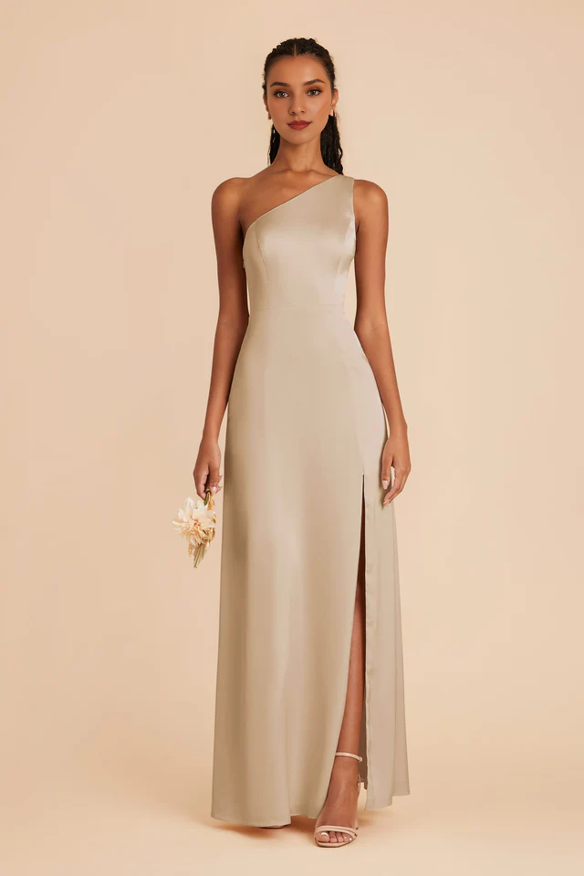 One shoulder collar fully lined trumpet shaped mermaid slit bridesmaid dress