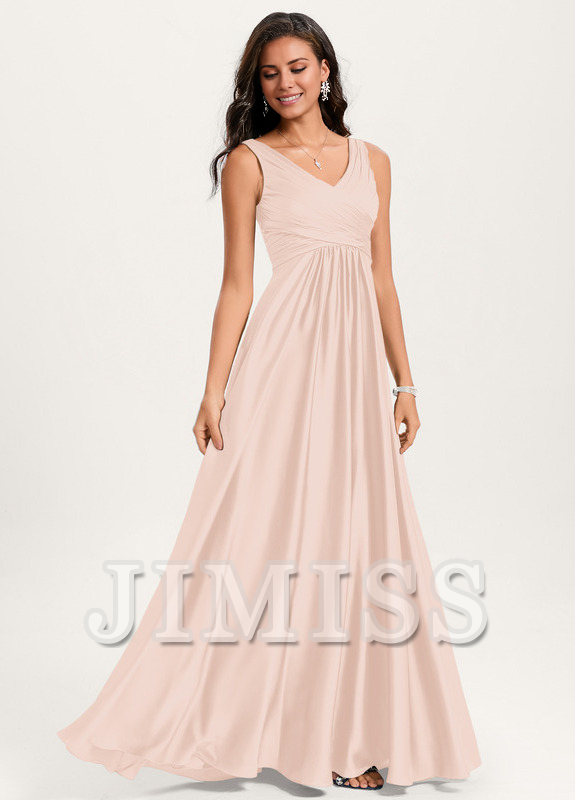 Ruffled A-line V-neck Floor-length Satin Bridesmaids Dress