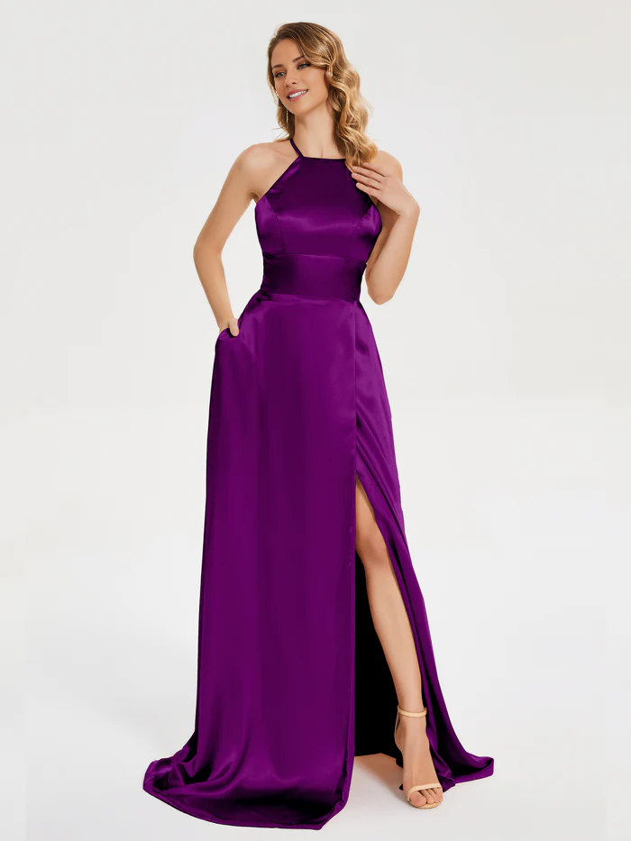 Thin shoulder strap soft satin and floor length bridesmaid dress