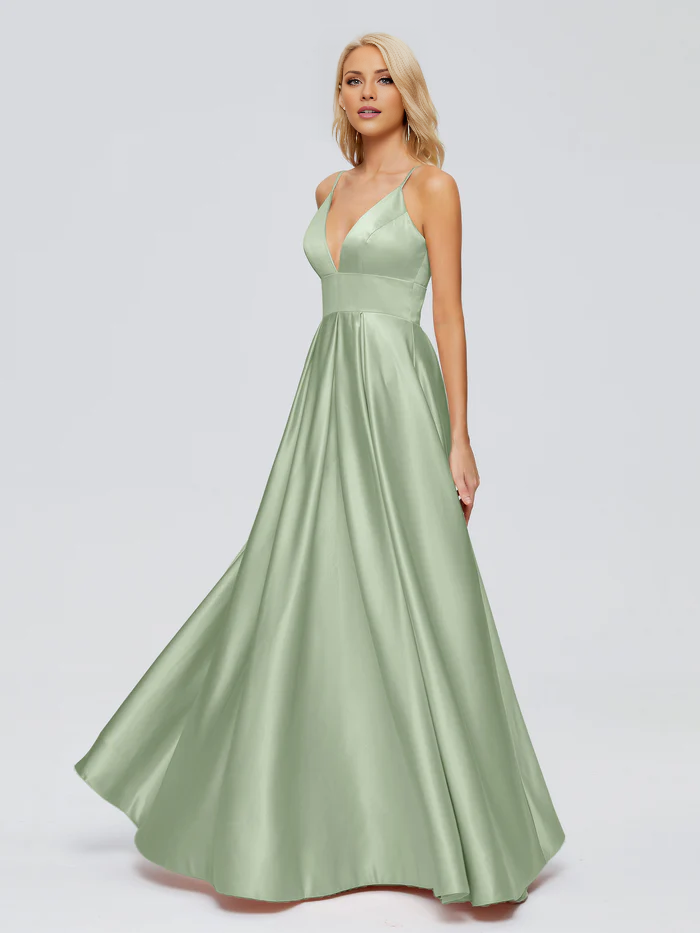 V-neck thin shoulder strap satin and floor length bridesmaid dress