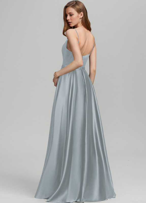 A-Line Square Floor Length Satin Bridesmaids Dress