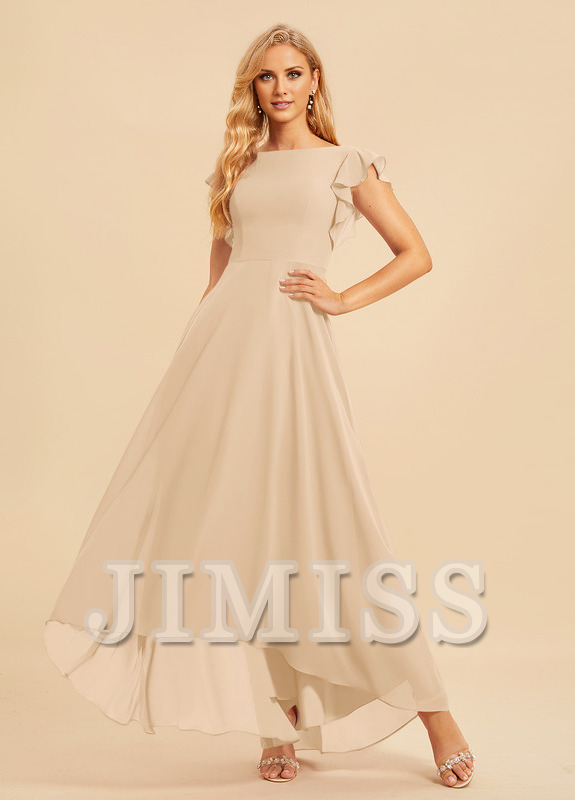 Ruffled A-line Scoop Asymmetric Chiffon Bridesmaids Dress