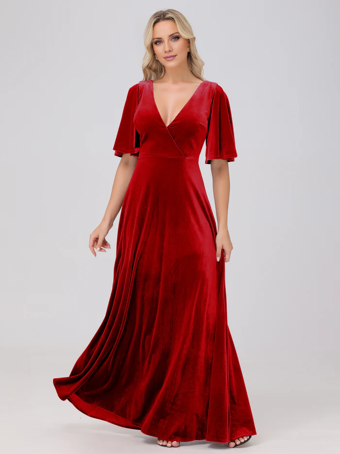 A-line V-neck short sleeved velvet and floor length bridesmaid dress