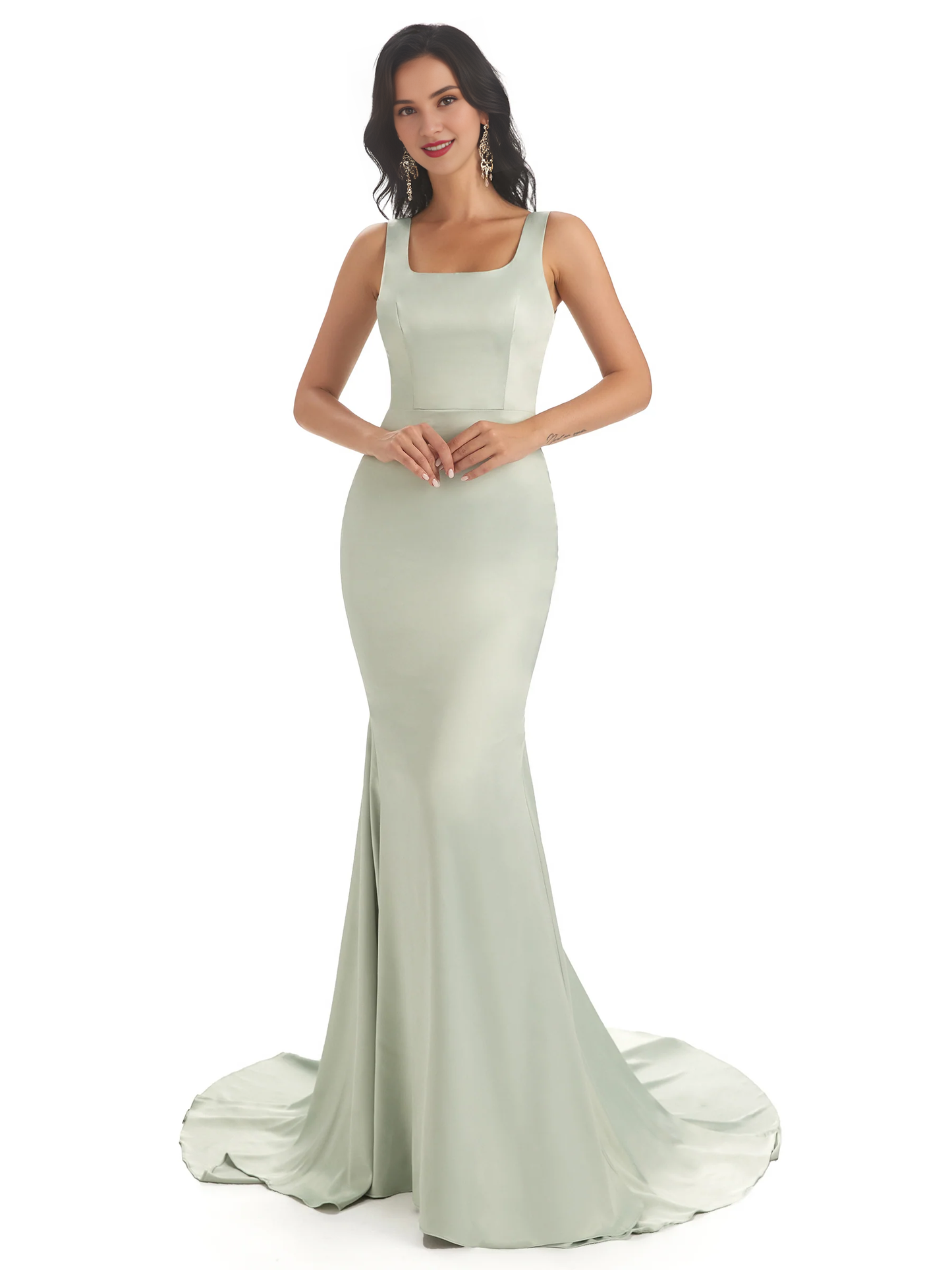 Soft satin unique square neck extra long fish tail bridesmaid dress