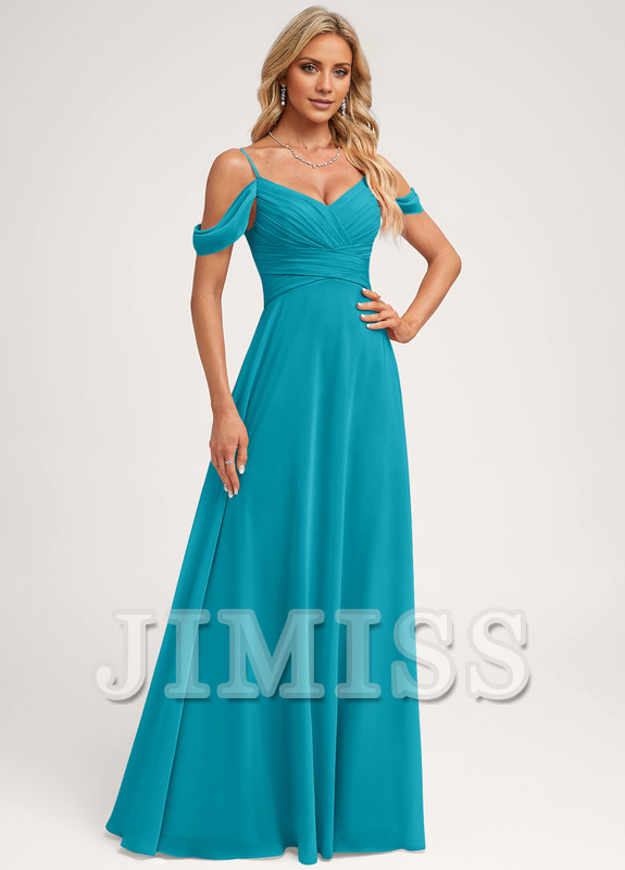 A-line off-shoulder floor-length chiffon bridesmaid dress