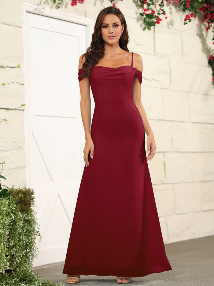 Split off shoulder thin shoulder strap chiffon and floor length bridesmaid dress