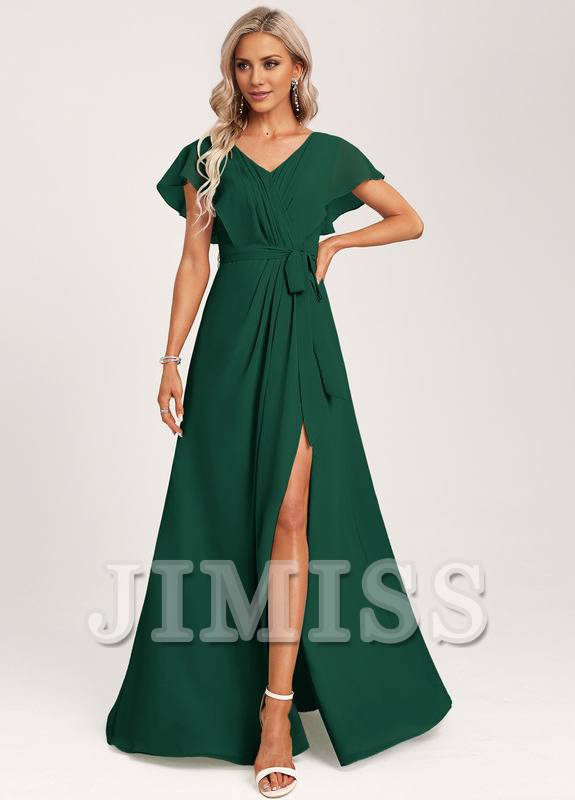 Ruffled A-line V-neck Floor-length Chiffon Bridesmaids Dress