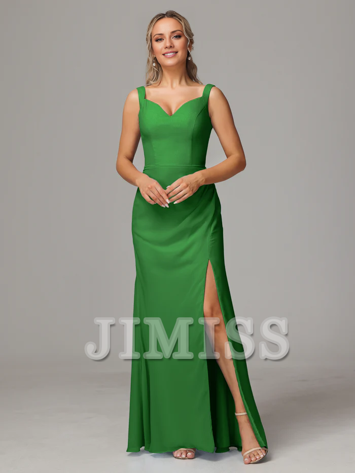 V-neck slit sleeveless off shoulder chiffon bridesmaid dress